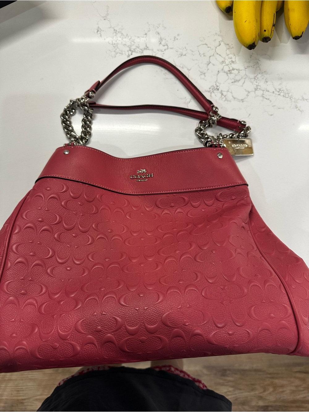 Coach pink Embossed Leather Tote with Chain-Detail - Picture 2 of 12